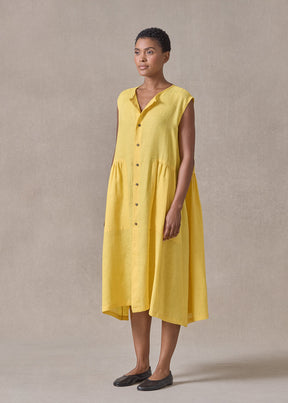 handkerchief linen sleeveless bounded neck shirt dress with full pleat panels (sunshine)