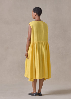 handkerchief linen sleeveless bounded neck shirt dress with full pleat panels (sunshine)