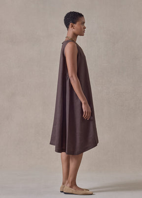 handkerchief linen 3/4 length side pleated sleeveless dress (bitter)