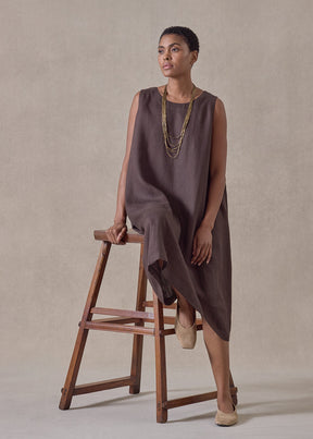 handkerchief linen 3/4 length side pleated sleeveless dress (bitter)