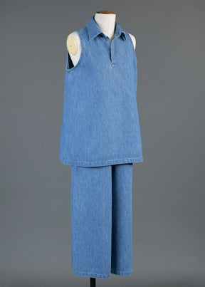 cotton denim A-line shell with collar and front placket opening - mid plus