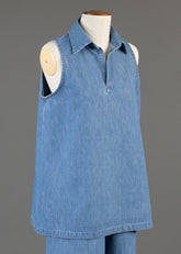 cotton denim A-line shell with collar and front placket opening - mid plus