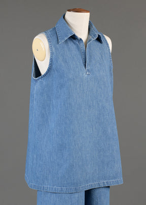 cotton denim A-line shell with collar and front placket opening - mid plus