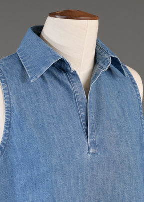 cotton denim A-line shell with collar and front placket opening - mid plus