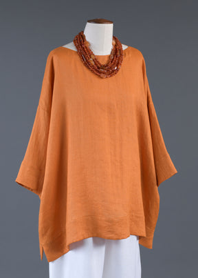 linen scoop neck 3/4 sleeve top with hem bands - long in amber orange