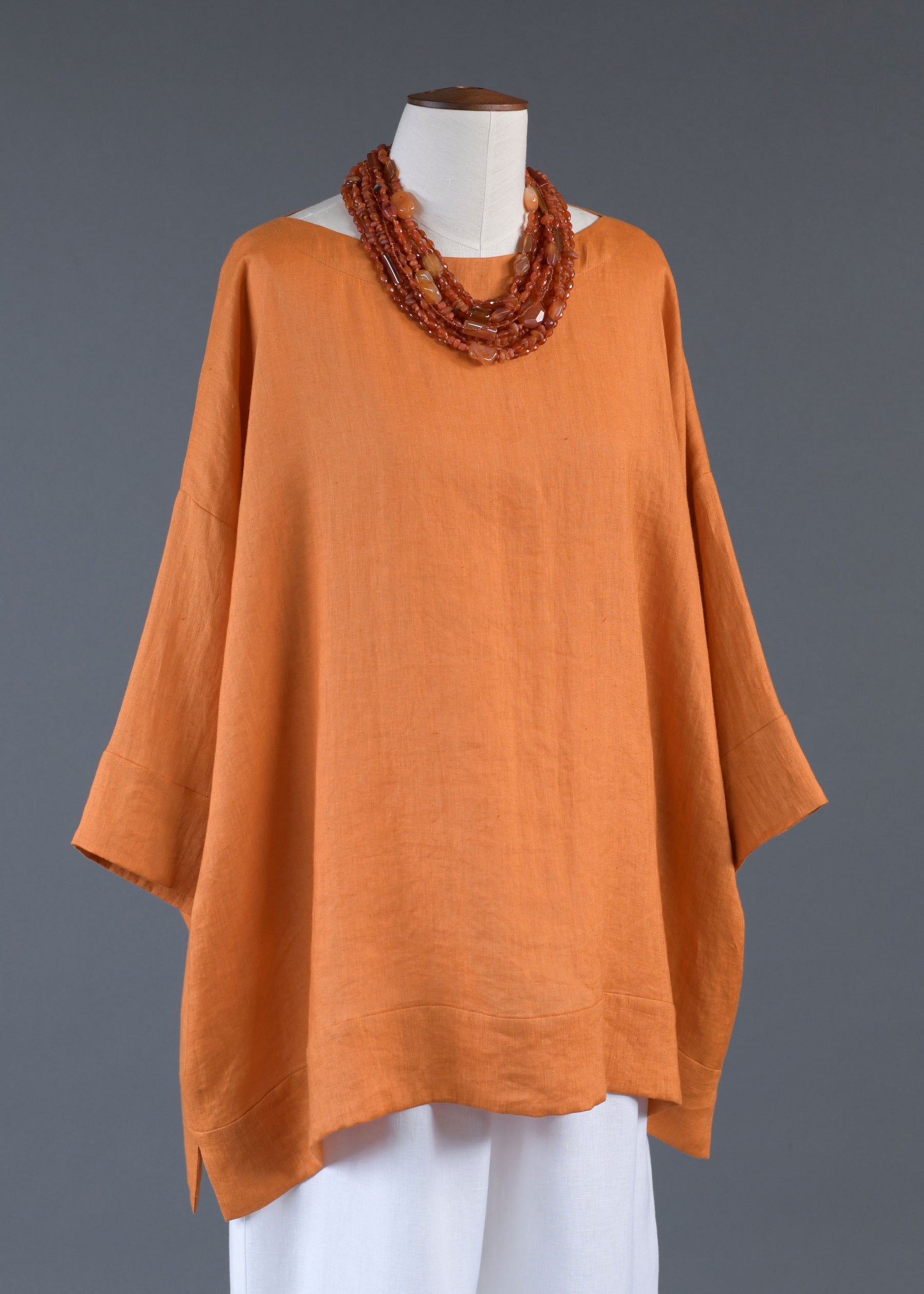 linen scoop neck 3/4 sleeve top with hem bands - long in amber orange