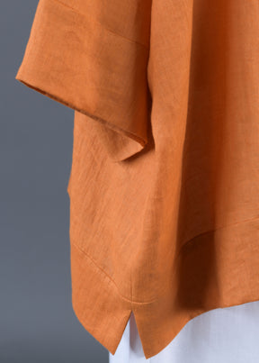linen scoop neck 3/4 sleeve top with hem bands - long in amber orange
