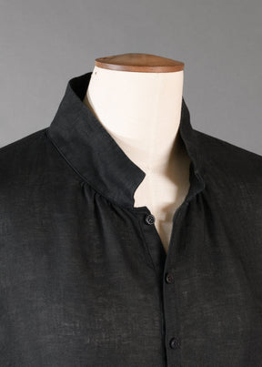 linen sloped shoulder wide a-line pleated collar smock dress in black