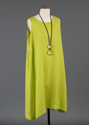 linen 3/4 length side pleated sleeveless dress in greenlemon