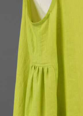 linen 3/4 length side pleated sleeveless dress in greenlemon