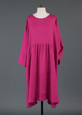 linen A-line round neck dress with pleated panels in lipstick