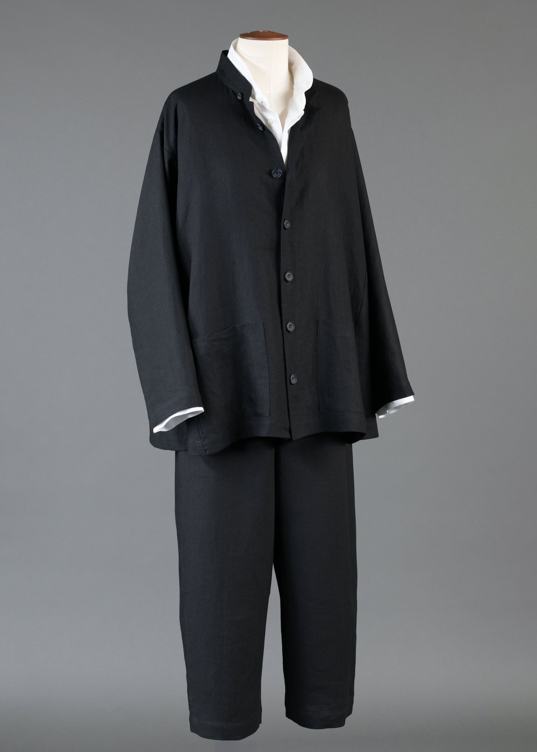 linen side panelled mandarin jacket - long in black