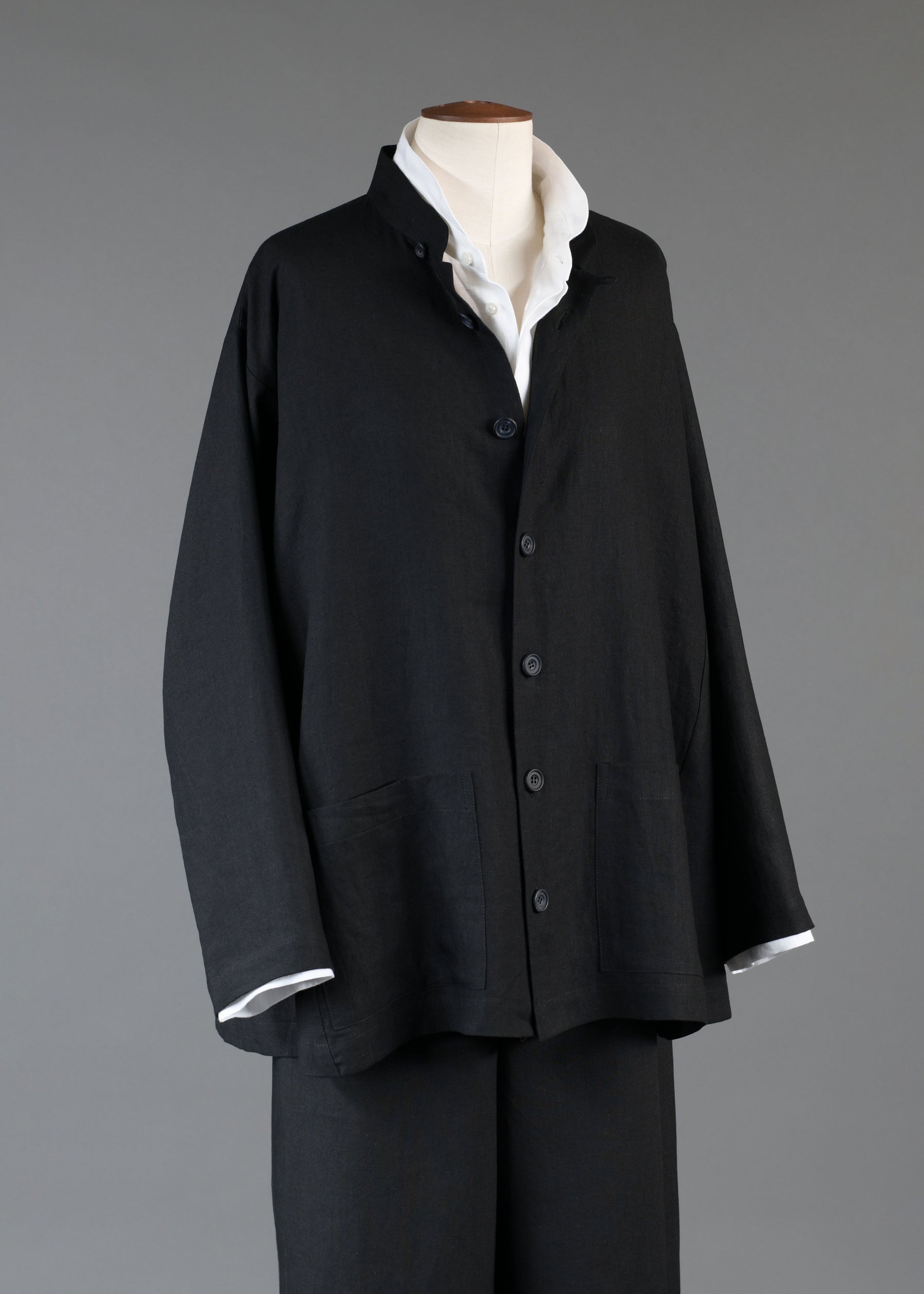 linen side panelled mandarin jacket - long in black