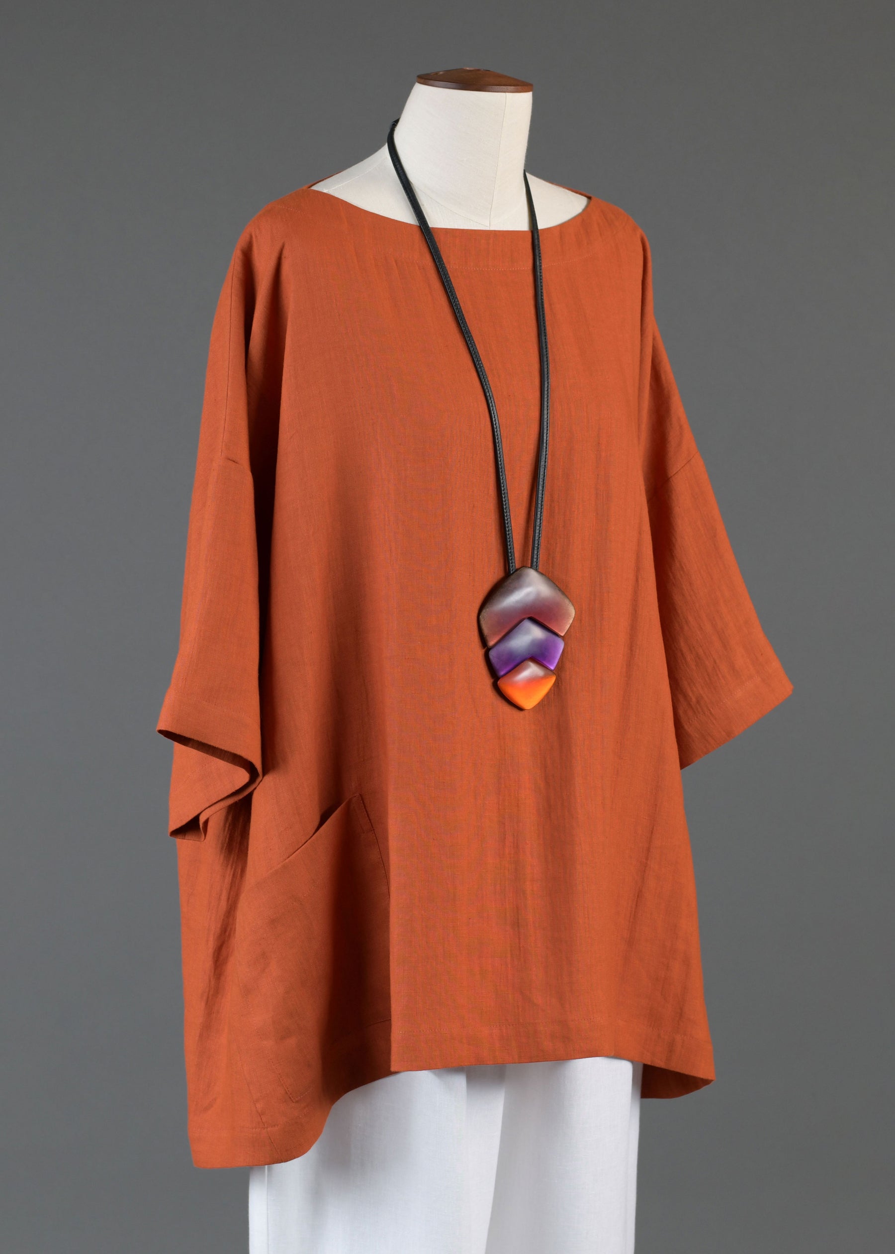 linen angle-to-front 3/4 sleeve scoop neck tunic - long in burntorange