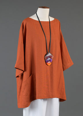 linen angle-to-front 3/4 sleeve scoop neck tunic - long in burntorange