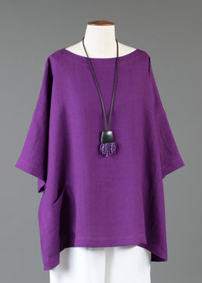 linen angle-to-front 3/4 sleeve scoop neck tunic - long in violet