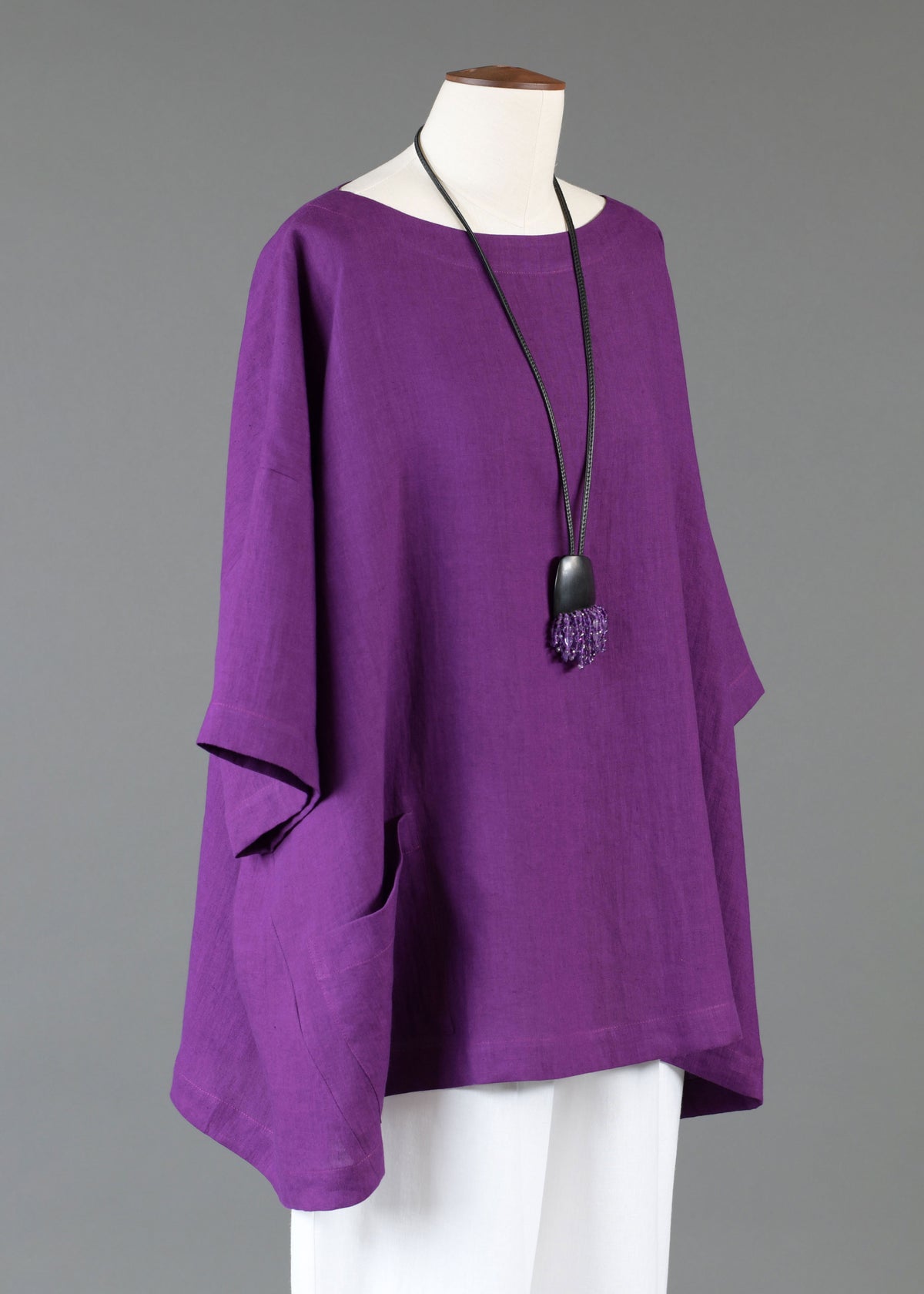 linen angle-to-front 3/4 sleeve scoop neck tunic - long in violet