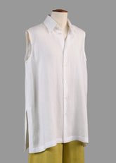 linen slim a-line sleeveless shirt with collar and side slit detail - long (white)