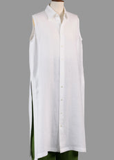 linen slim a-line sleeveless shirt dress with collar and side slit detail (white)