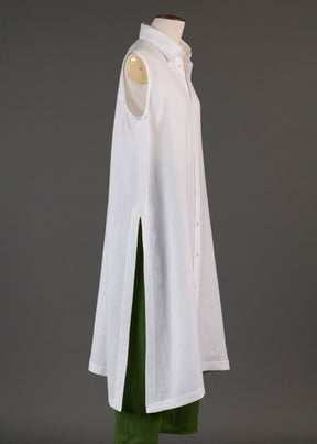 linen slim a-line sleeveless shirt dress with collar and side slit detail in white
