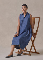 cotton denim 3/4 length pleat sleeveless dress with collar and front placket opening (jeandark)
