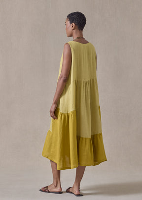 Handkerchief linen two tone tiered pleated sleeveless dress (dijon mix)