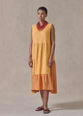 handkerchief linen two tone tiered pleated sleeveless dress (orange mix)