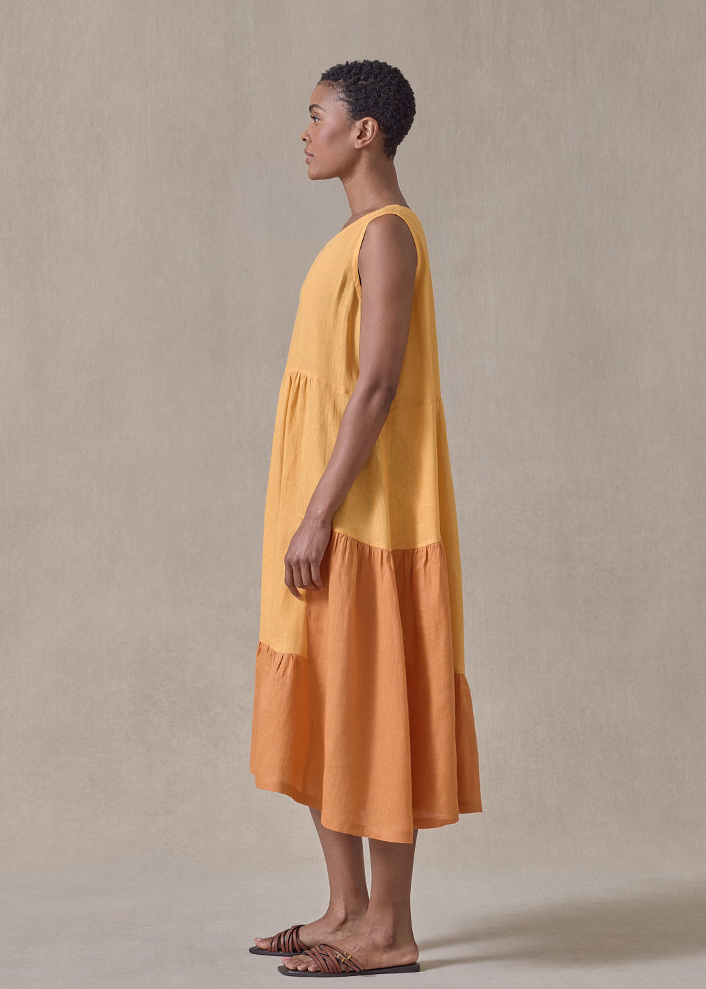 handkerchief linen two tone tiered pleated sleeveless dress (orange mix)