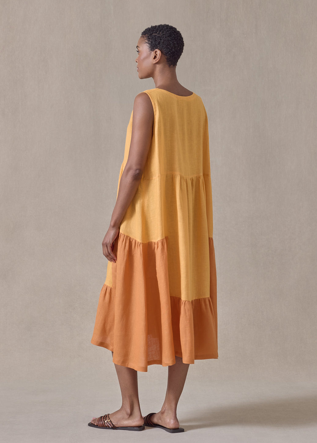 handkerchief linen two tone tiered pleated sleeveless dress (orange mix)