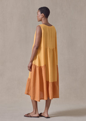handkerchief linen two tone tiered pleated sleeveless dress (orange mix)