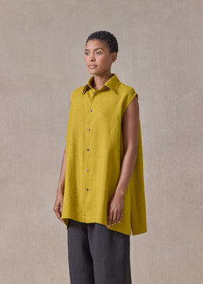 lightweight linen slim a-line sleeveless shirt with collar and side details - long (dijon)