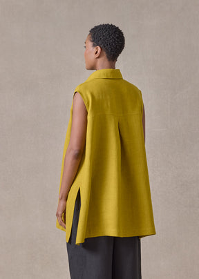 lightweight linen slim a-line sleeveless shirt with collar and side details - long (dijon)