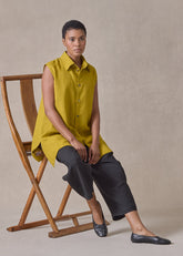 lightweight linen slim a-line sleeveless shirt with collar and side details - long (dijon)