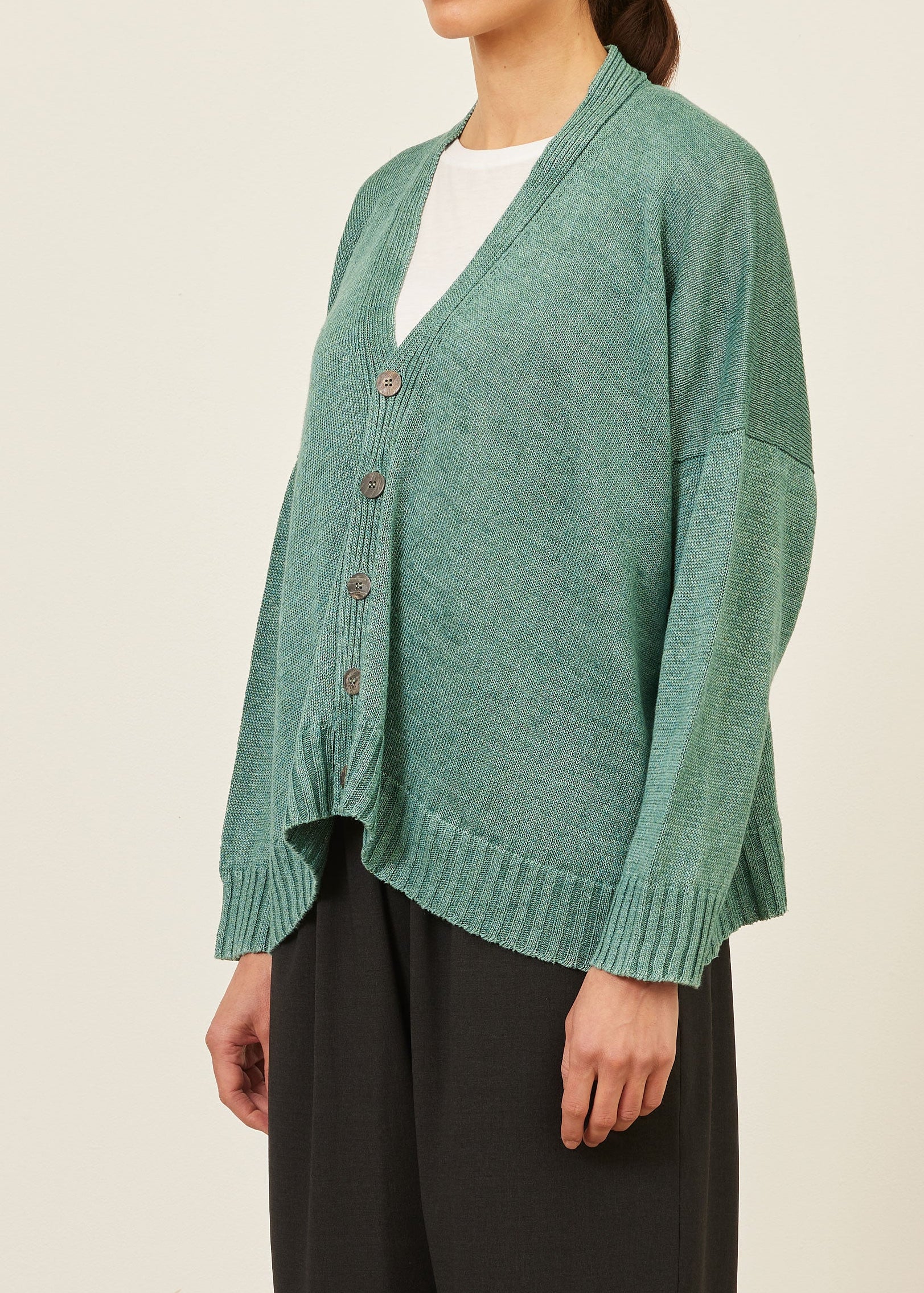 linen knitted v neck cardigan - mid (greenaqua)