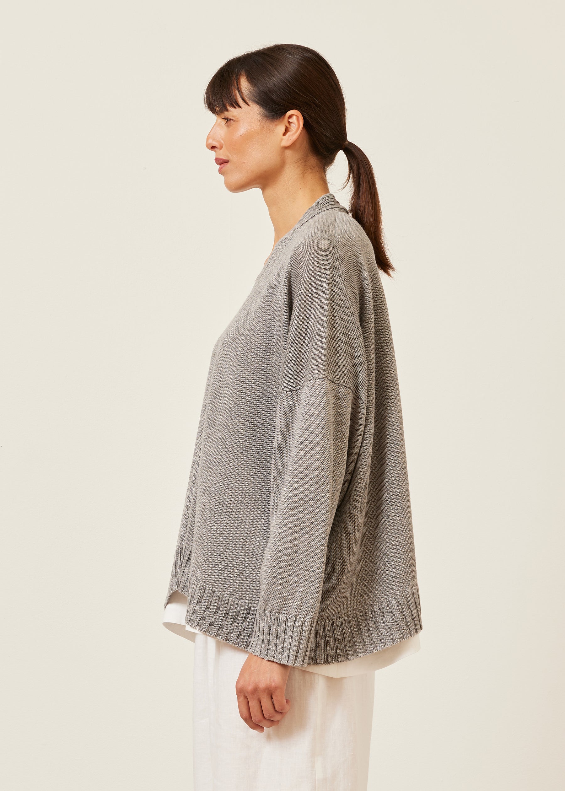 linen knitted v neck cardigan - mid