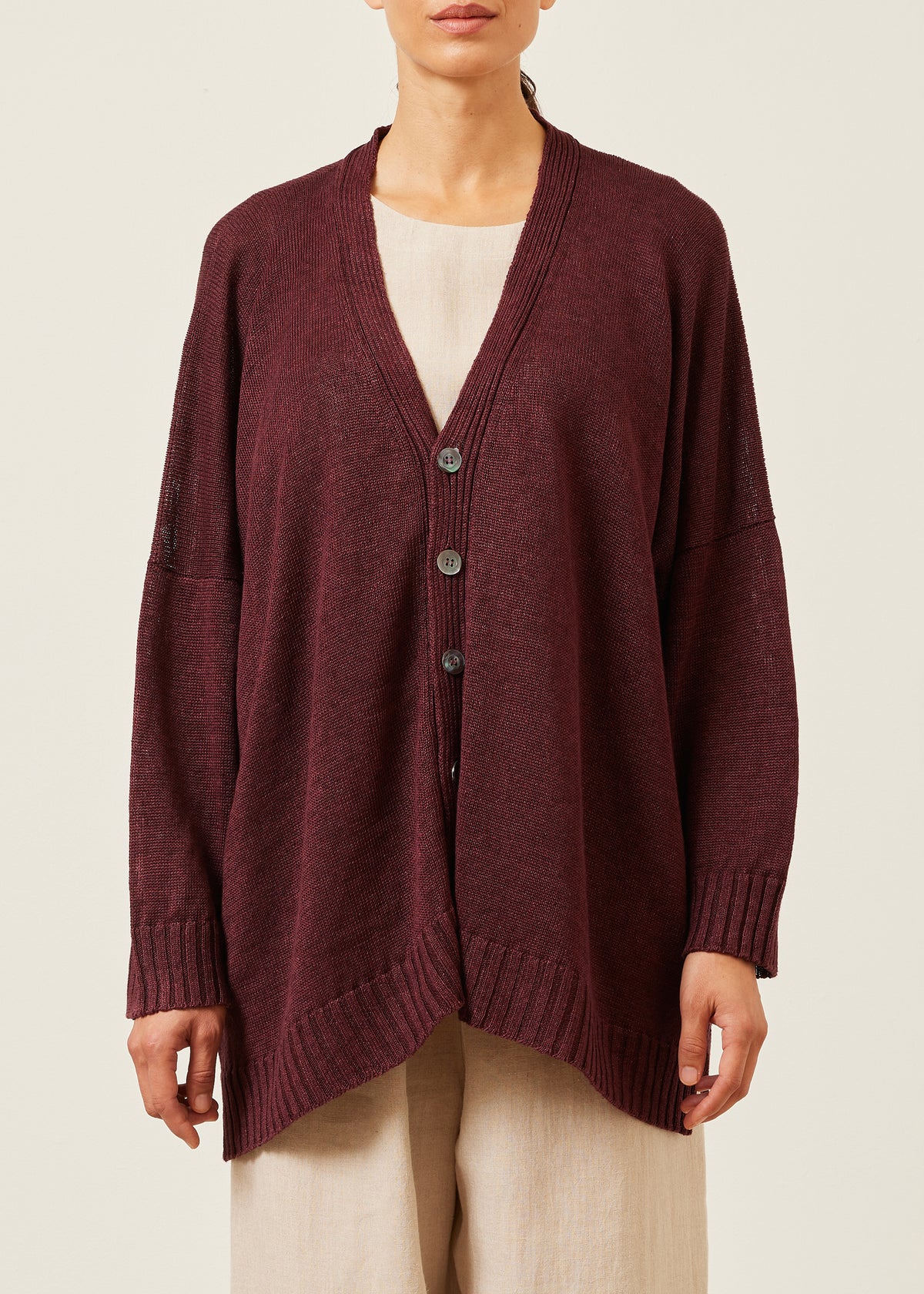 linen wide v neck knit cardigan - long