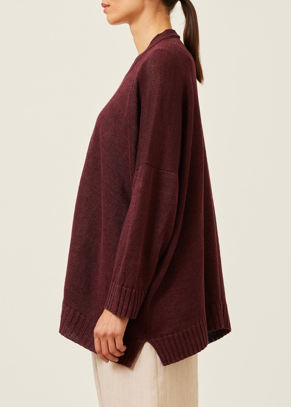 linen wide v neck knit cardigan - long