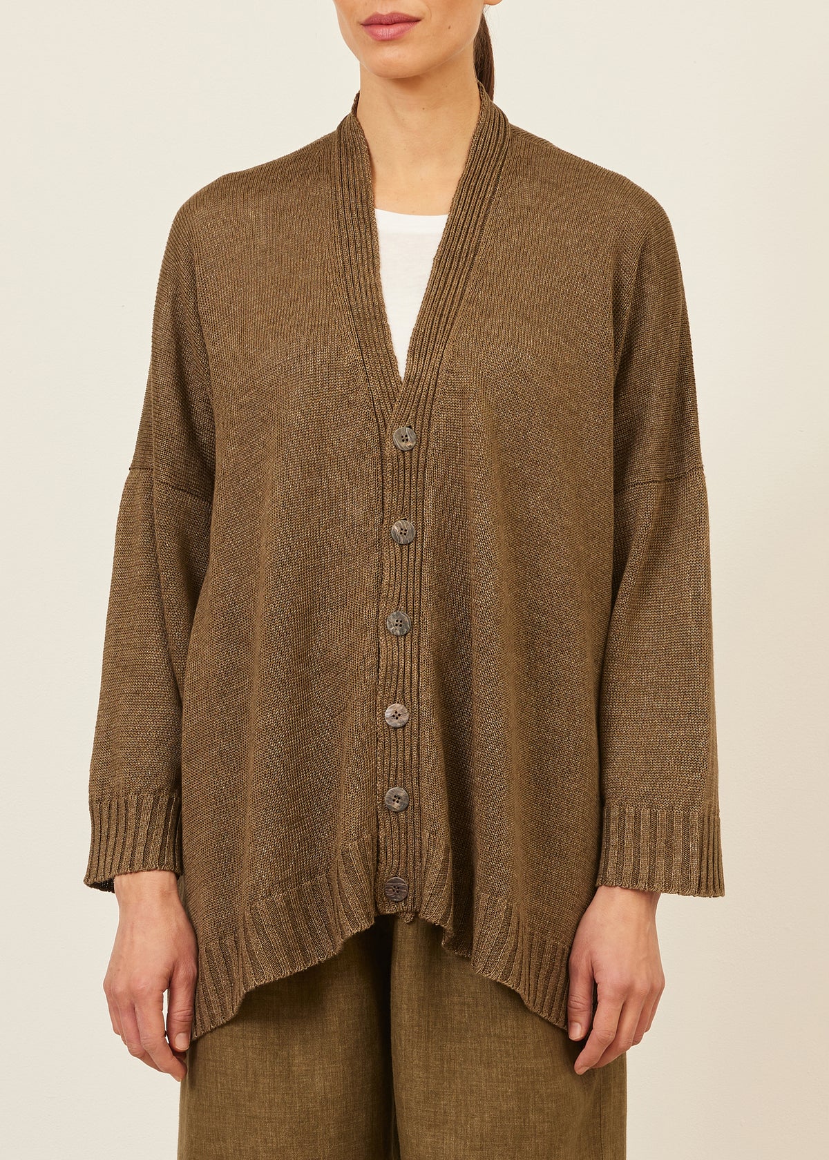 linen wide v neck knit cardigan - long