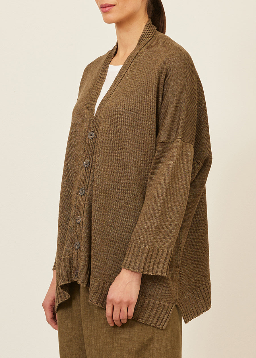 linen wide v neck knit cardigan - long