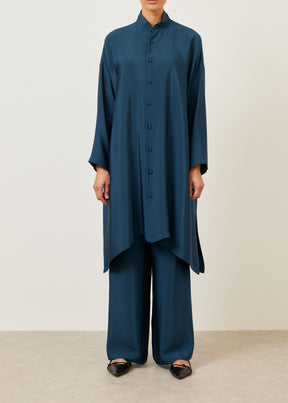 silk wide a-line double stand collar shirt - very long with slits