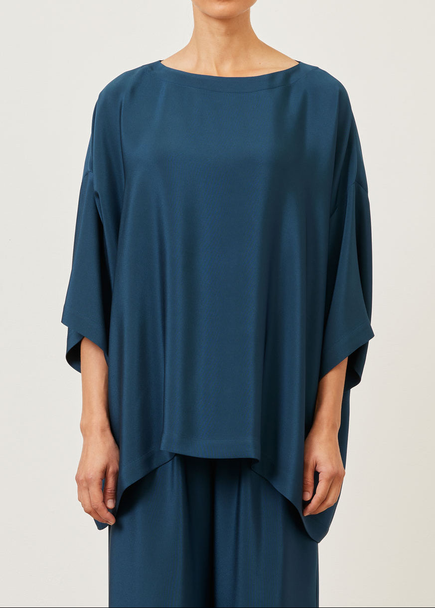 silk 3/4 sleeve bateau neck tunic - long (marineblue)