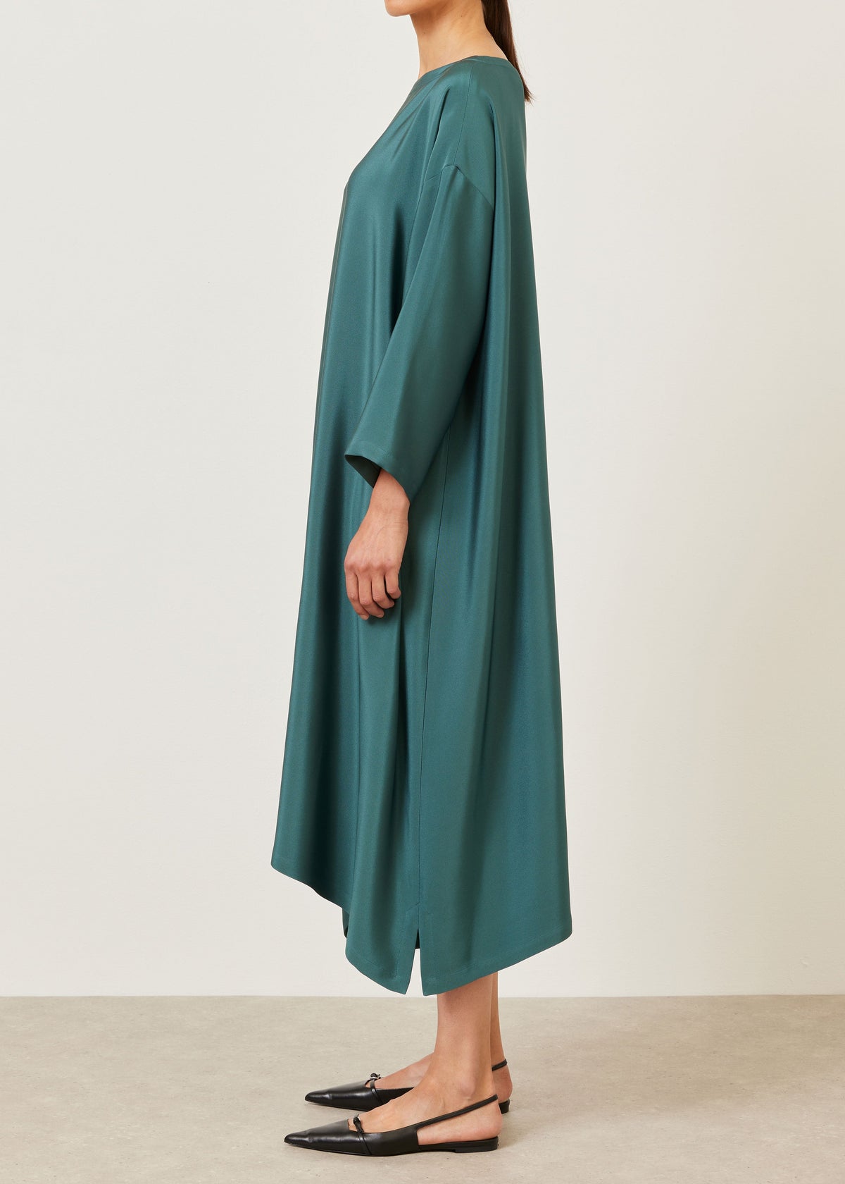 silk 3/4 sleeve wide a-line scoop neck dress - full length (tealgreen)