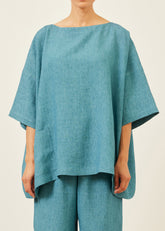 linen angle-to-front 3/4 sleeve scoop neck tunic  - long