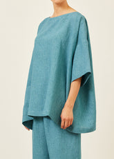 linen angle-to-front 3/4 sleeve scoop neck tunic  - long