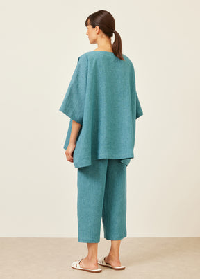 linen angle-to-front 3/4 sleeve scoop neck tunic  - long