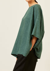 linen angle-to-front 3/4 sleeve scoop neck tunic  - long (tealgreen)
