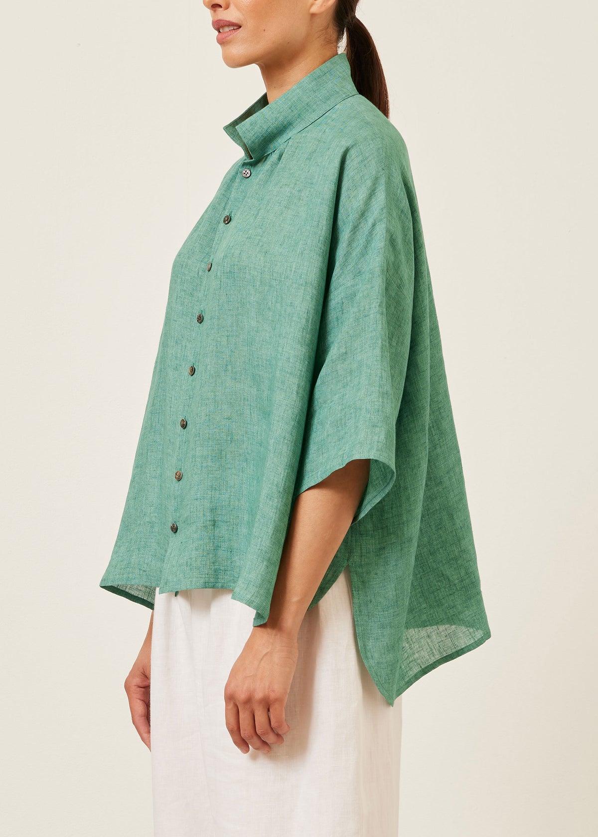 linen sloped shoulder wide a-line pleated collar short sleeve shirt - mid