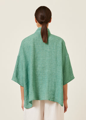 linen sloped shoulder wide a-line pleated collar short sleeve shirt - mid