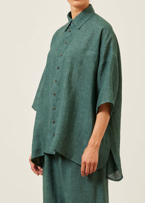 linen sloped shoulder wide a-line short sleeve shirt with collar - long (tealgreen)