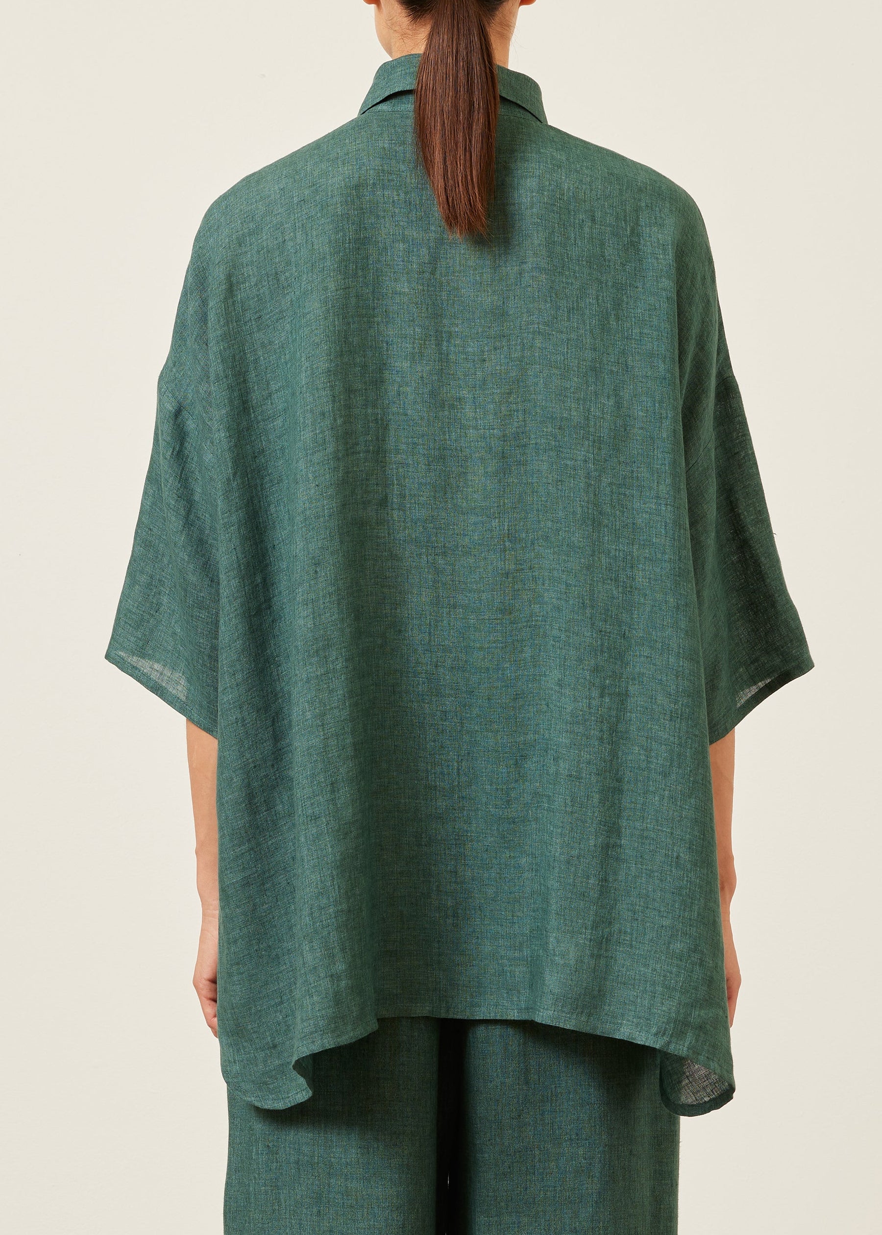 linen sloped shoulder wide a-line short sleeve shirt with collar - long (tealgreen)
